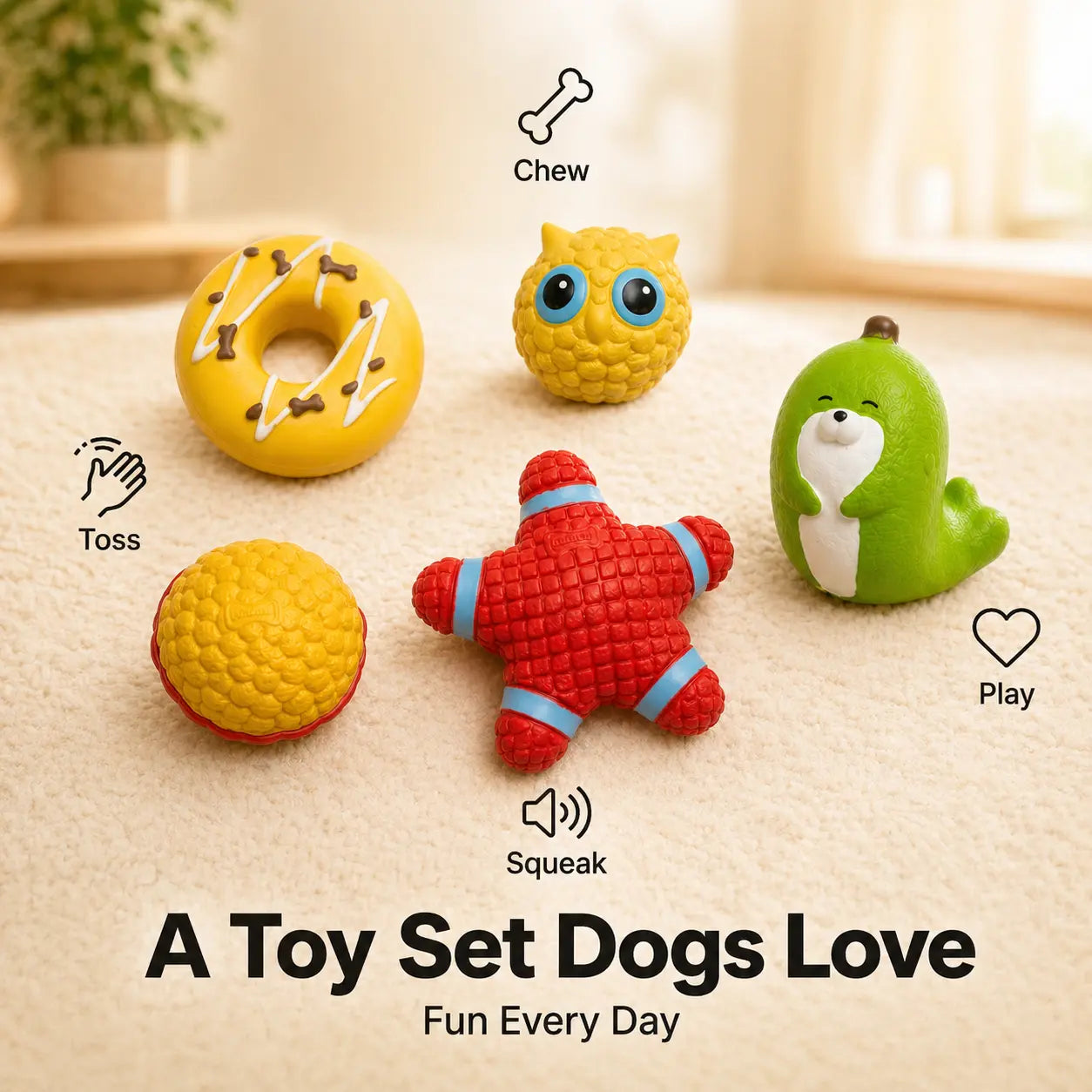 5-Piece Latex Built-In Squeaker Dog Chew Set - Cute Soft Interactive Fetch Accessories for Small-Medium Dogs, Lightweight Easy-To-Clean for Outdoor Play (Donut, Owl, Ball, Star, Seal)