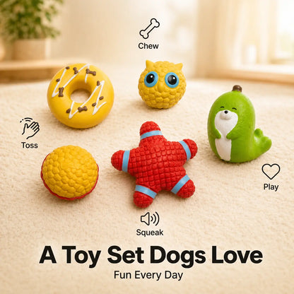 5-Piece Latex Built-In Squeaker Dog Chew Set - Cute Soft Interactive Fetch Accessories for Small-Medium Dogs, Lightweight Easy-To-Clean for Outdoor Play (Donut, Owl, Ball, Star, Seal)