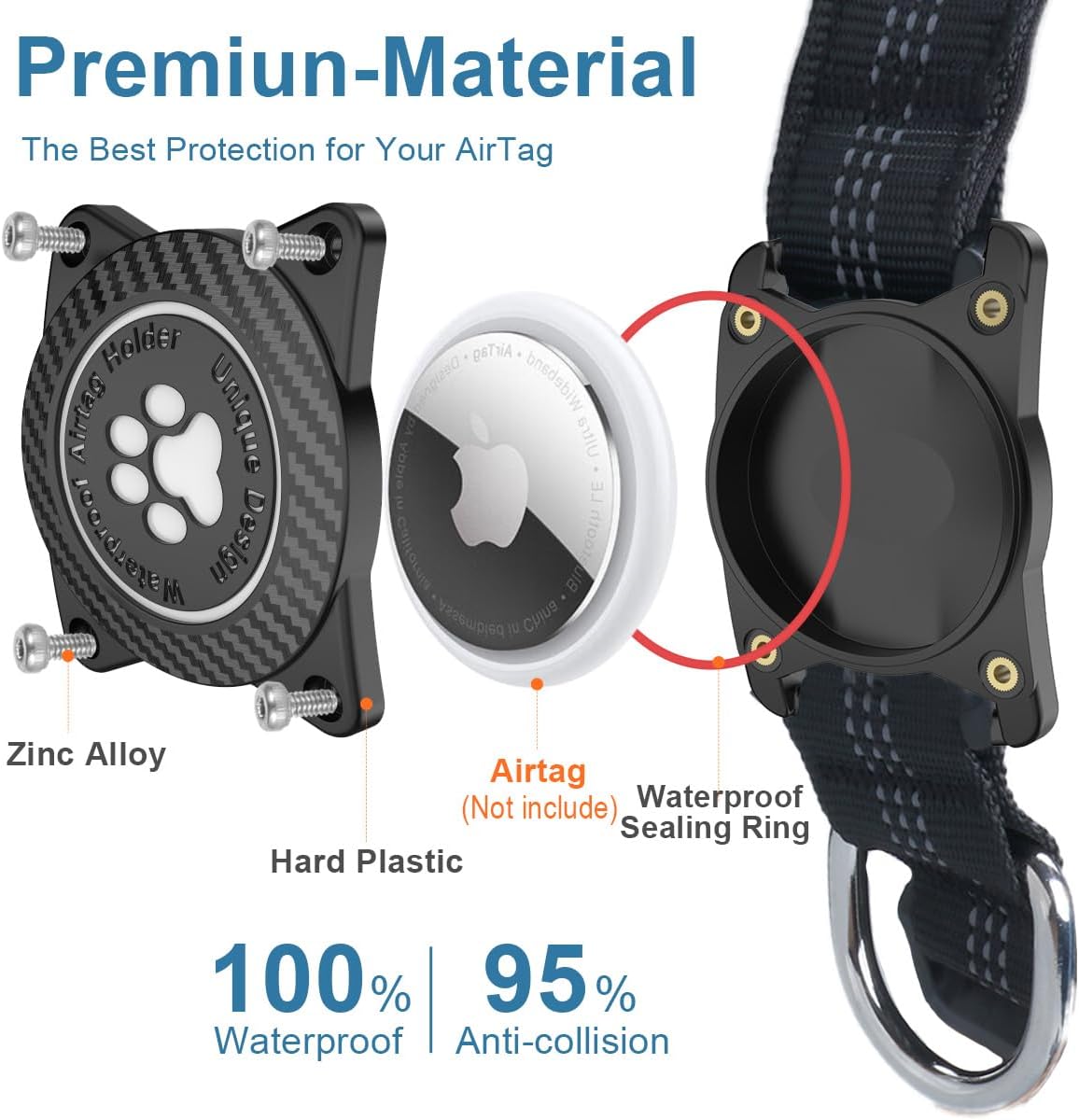 Airtag Dog Collar, Waterproof, Luminous & Reflective, for Small Medium Large Heavy Duty Dogs,Black, M