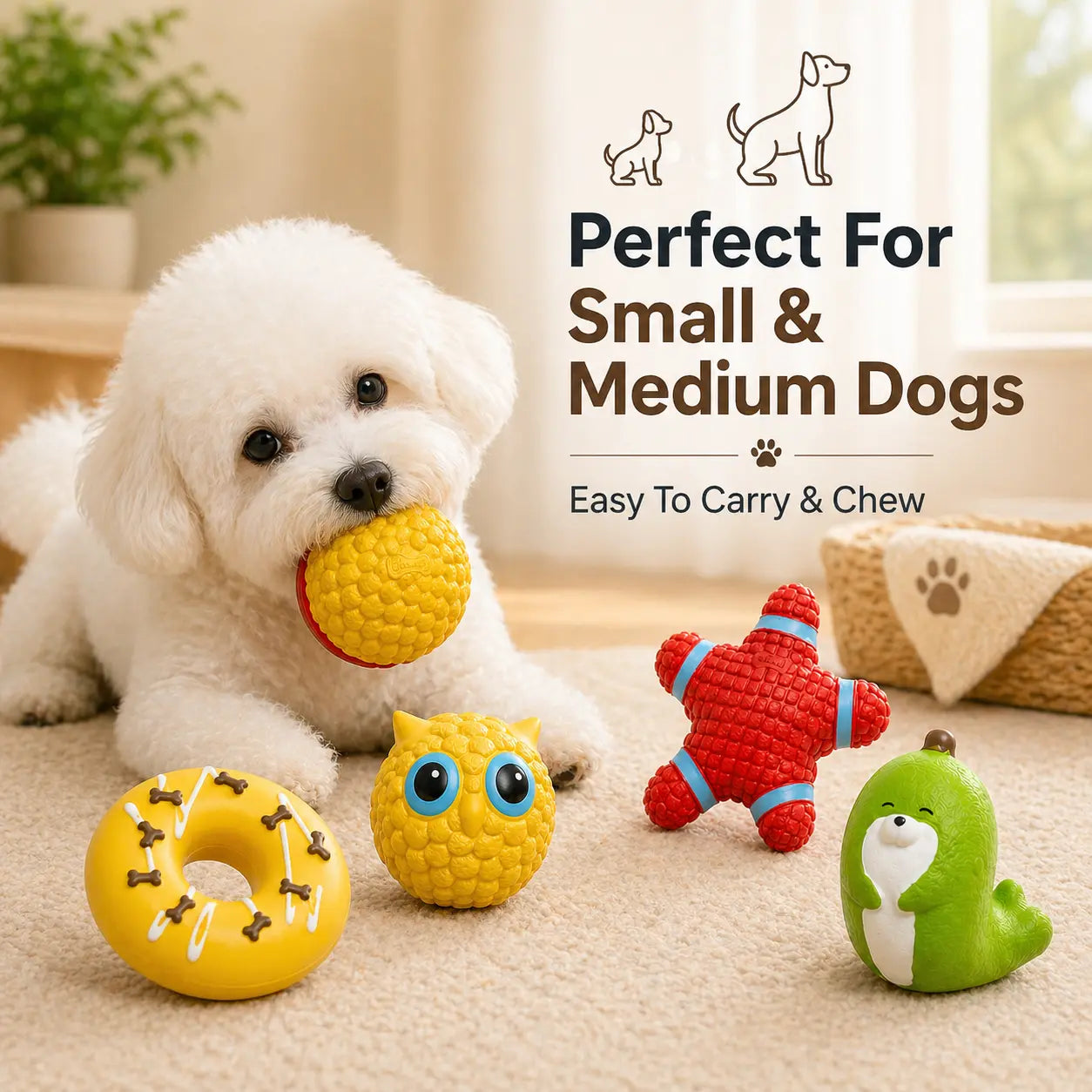 5-Piece Latex Built-In Squeaker Dog Chew Set - Cute Soft Interactive Fetch Accessories for Small-Medium Dogs, Lightweight Easy-To-Clean for Outdoor Play (Donut, Owl, Ball, Star, Seal)