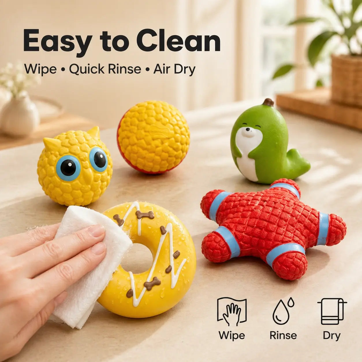 5-Piece Latex Built-In Squeaker Dog Chew Set - Cute Soft Interactive Fetch Accessories for Small-Medium Dogs, Lightweight Easy-To-Clean for Outdoor Play (Donut, Owl, Ball, Star, Seal)