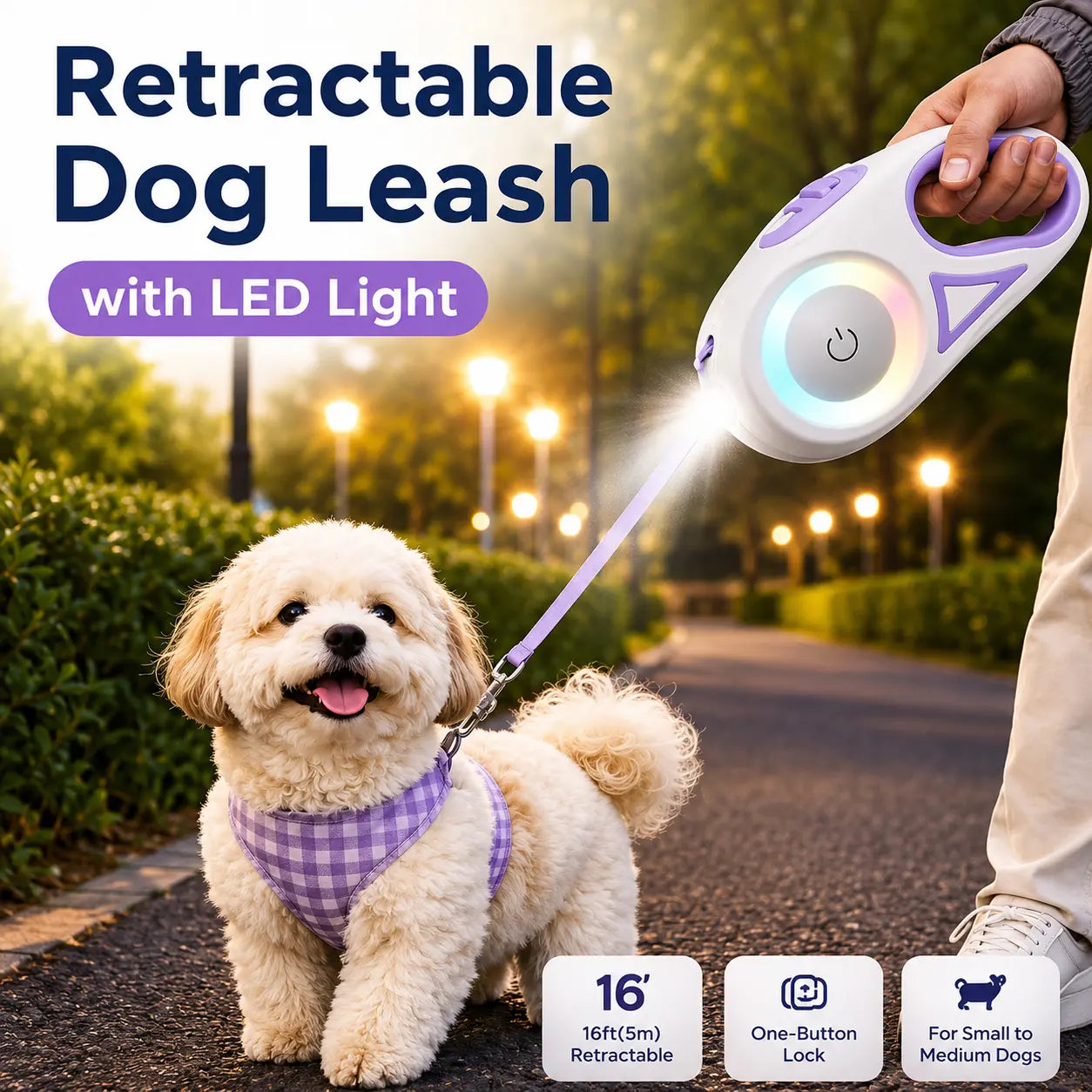 Pawzseek LED Retractable Safety Dog Leash for Small to Medium Dogs, Automatic Extendable Design for Pets up to 110 lbs