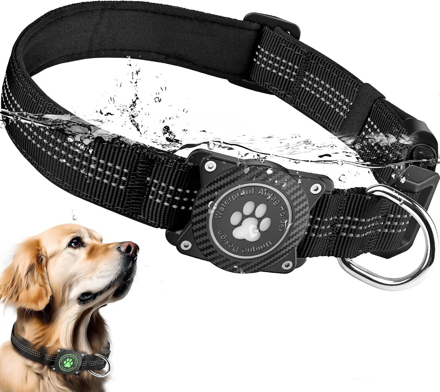 Airtag Dog Collar, Waterproof, Luminous & Reflective, for Small Medium Large Heavy Duty Dogs,Black, M