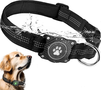 Airtag Dog Collar, Waterproof, Luminous & Reflective, for Small Medium Large Heavy Duty Dogs,Black, M