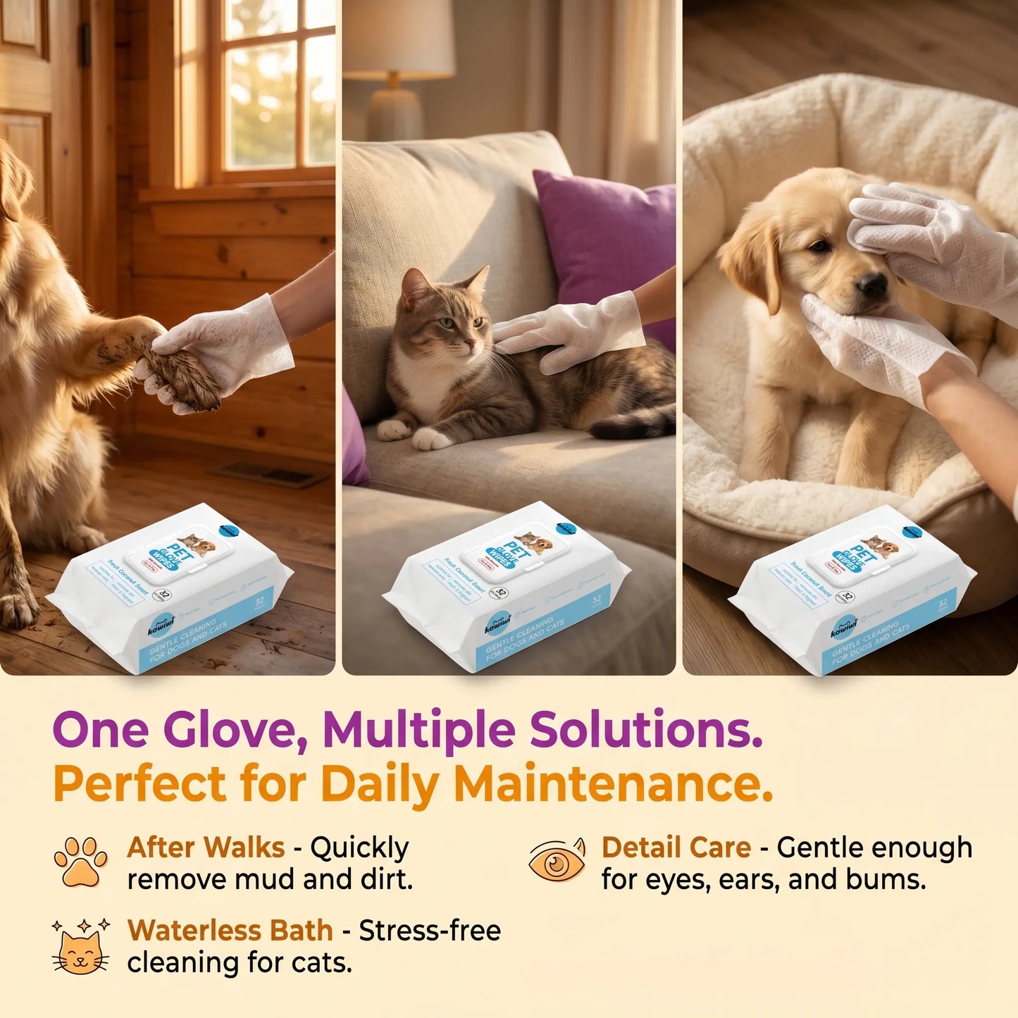 32-Pack Hypoallergenic Pet Grooming Wipes with Coconut Scent, Disposable Glove Wipes for Dogs and Cats