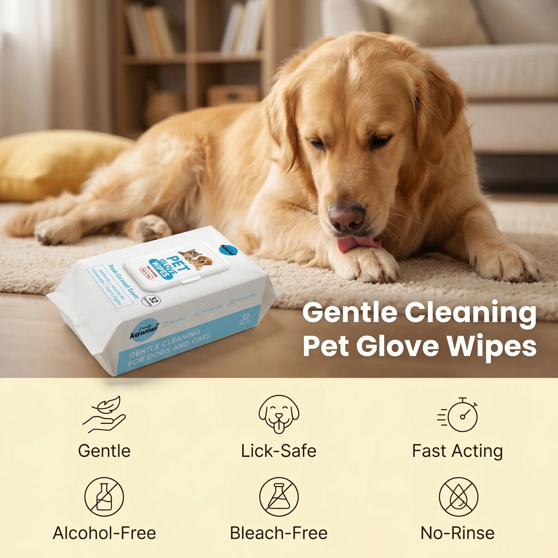 32-Pack Hypoallergenic Pet Grooming Wipes with Coconut Scent, Disposable Glove Wipes for Dogs and Cats