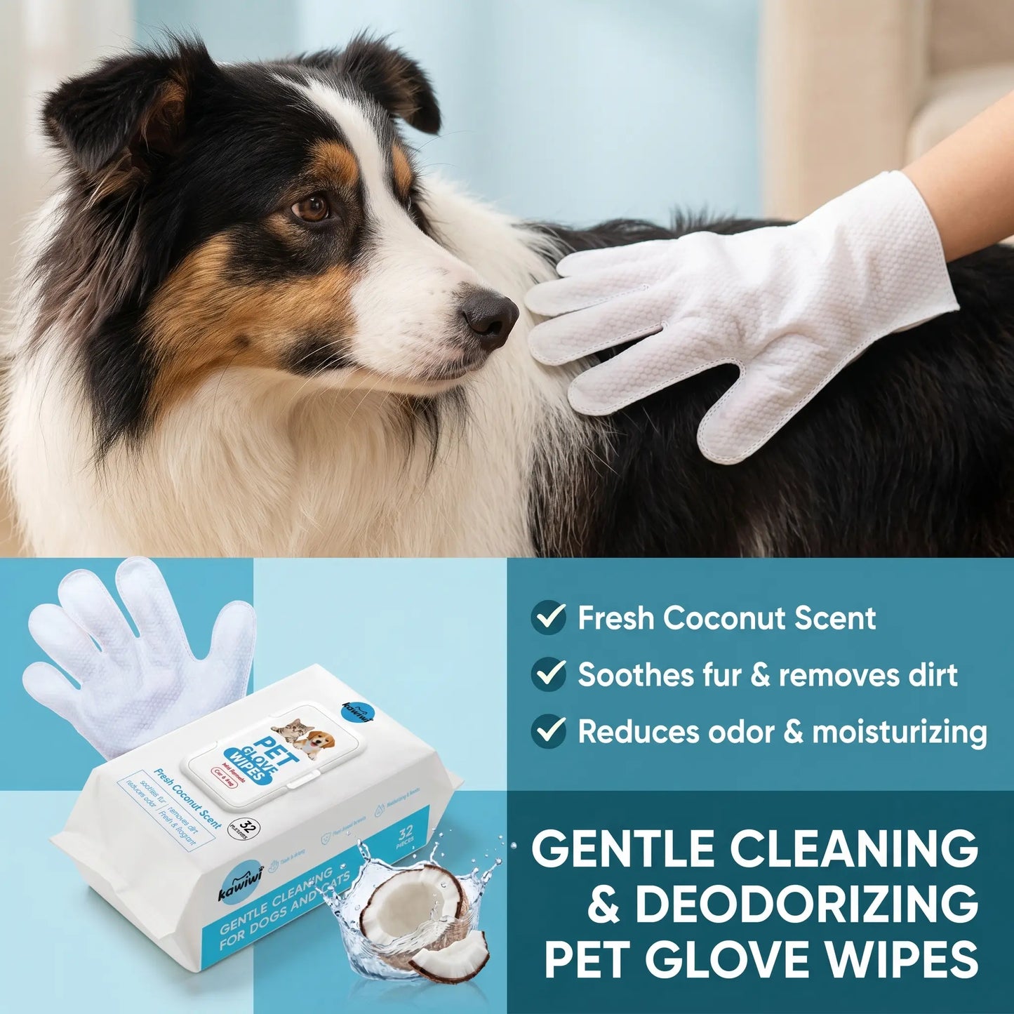32-Pack Hypoallergenic Pet Grooming Wipes with Coconut Scent, Disposable Glove Wipes for Dogs and Cats