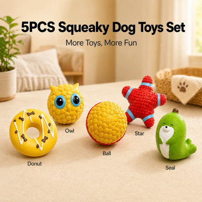 5-Piece Latex Built-In Squeaker Dog Chew Set - Cute Soft Interactive Fetch Accessories for Small-Medium Dogs, Lightweight Easy-To-Clean for Outdoor Play (Donut, Owl, Ball, Star, Seal)