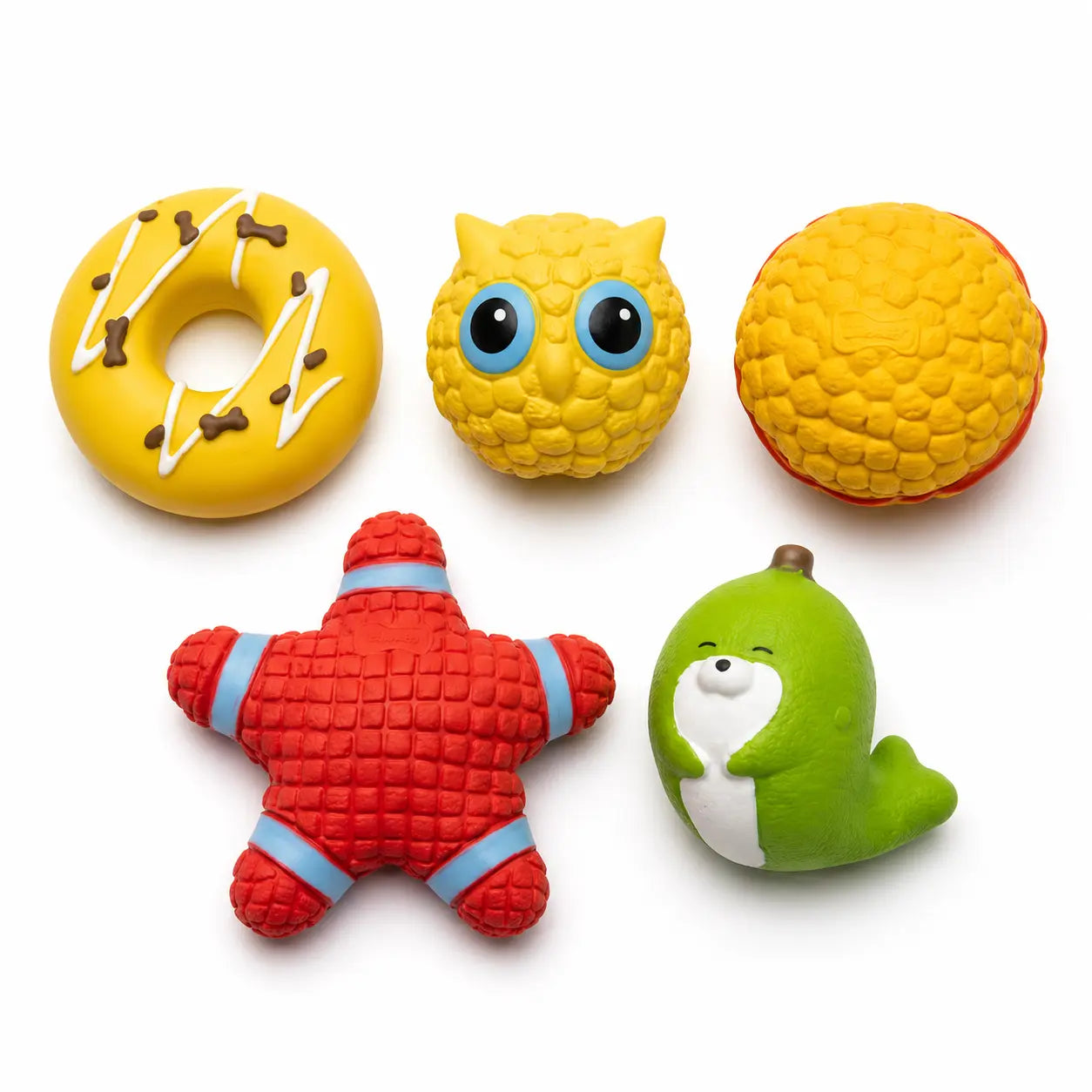 5-Piece Latex Built-In Squeaker Dog Chew Set - Cute Soft Interactive Fetch Accessories for Small-Medium Dogs, Lightweight Easy-To-Clean for Outdoor Play (Donut, Owl, Ball, Star, Seal)