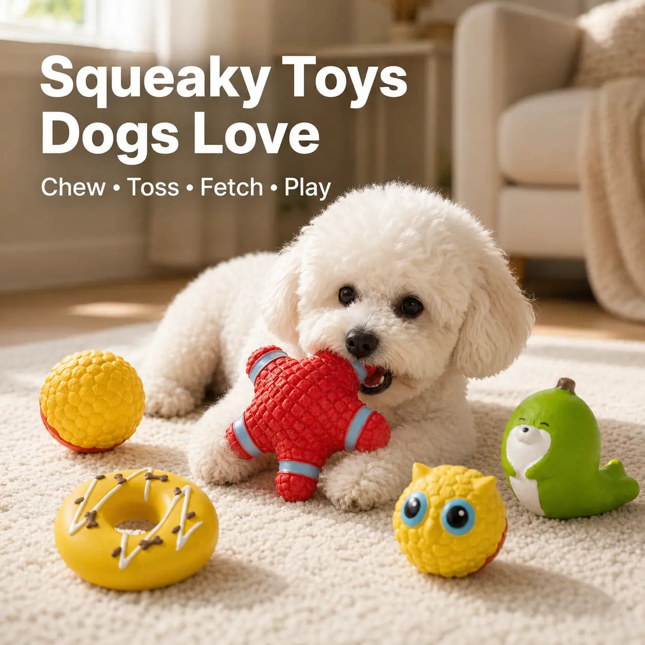 5-Piece Latex Built-In Squeaker Dog Chew Set - Cute Soft Interactive Fetch Accessories for Small-Medium Dogs, Lightweight Easy-To-Clean for Outdoor Play (Donut, Owl, Ball, Star, Seal)