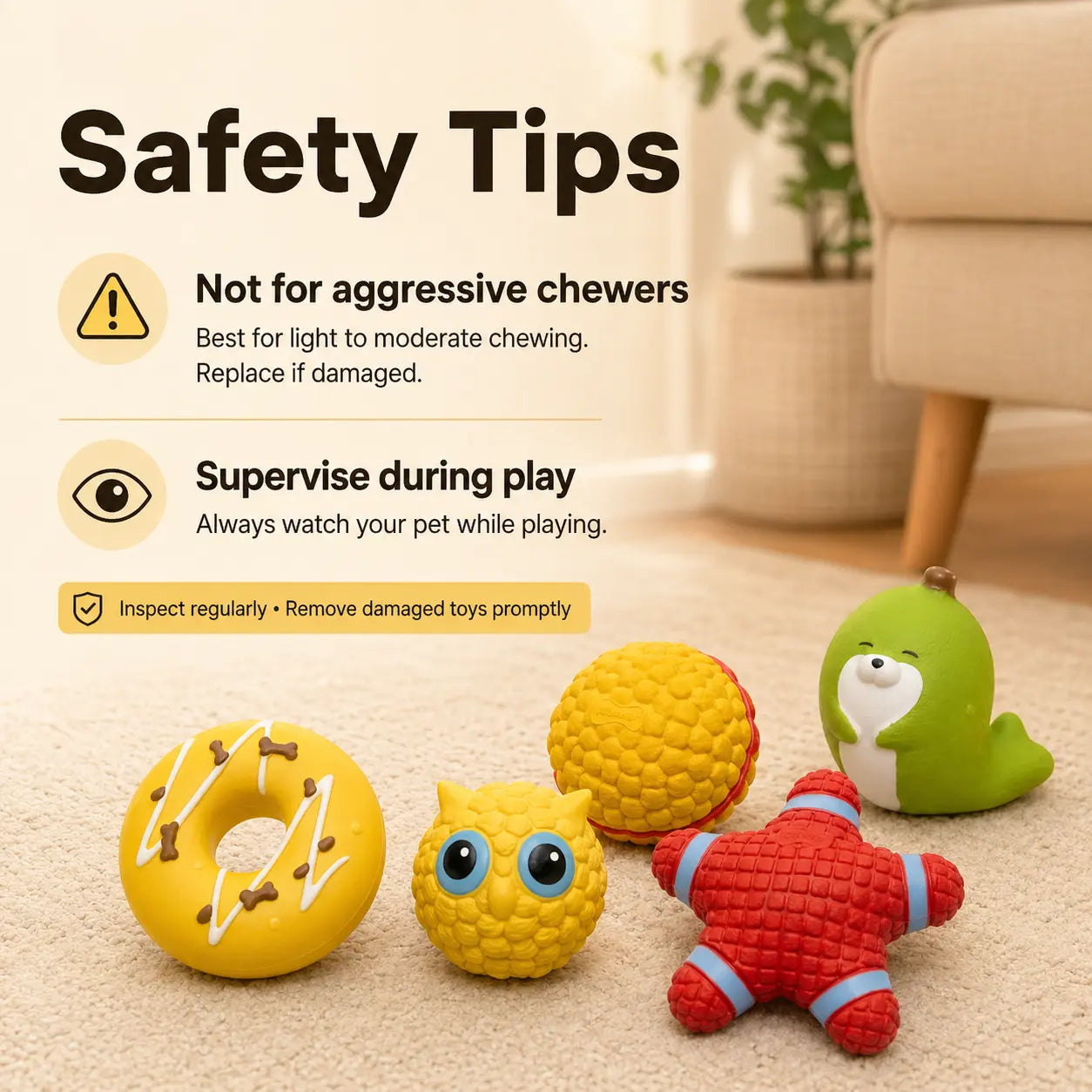 5-Piece Latex Built-In Squeaker Dog Chew Set - Cute Soft Interactive Fetch Accessories for Small-Medium Dogs, Lightweight Easy-To-Clean for Outdoor Play (Donut, Owl, Ball, Star, Seal)