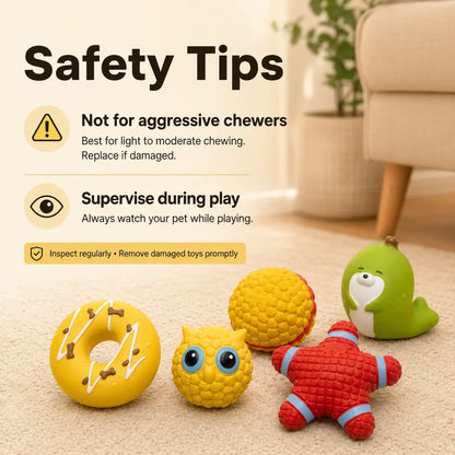 5-Piece Latex Built-In Squeaker Dog Chew Set - Cute Soft Interactive Fetch Accessories for Small-Medium Dogs, Lightweight Easy-To-Clean for Outdoor Play (Donut, Owl, Ball, Star, Seal)